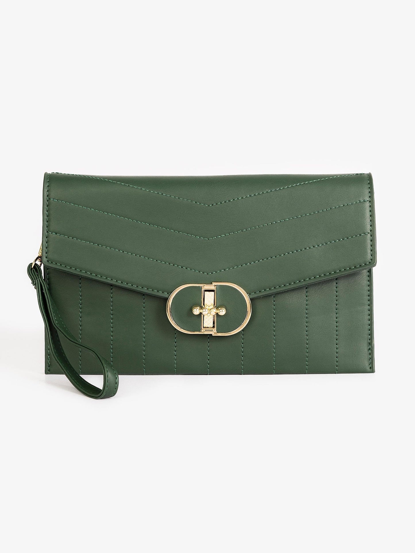 Green Stitch Pattern Clutch with Metallic Chain